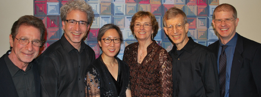 Stephen Cohn (composer), Carey Bostian (cello), Miera Kim (violin), Jan Boland (flute), John Dowdall (guitar), Philip Wharton (composer). Photo by Amy Hunzelman.