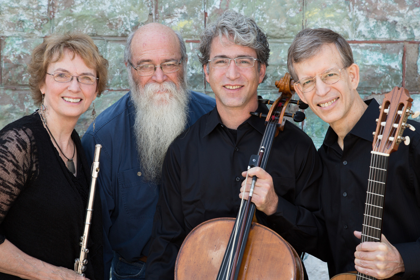 The Red Cedar Trio members Jan Boland (flute), Carey Bostian (cello) and John Dowdall (guitar) with Michael Zahs